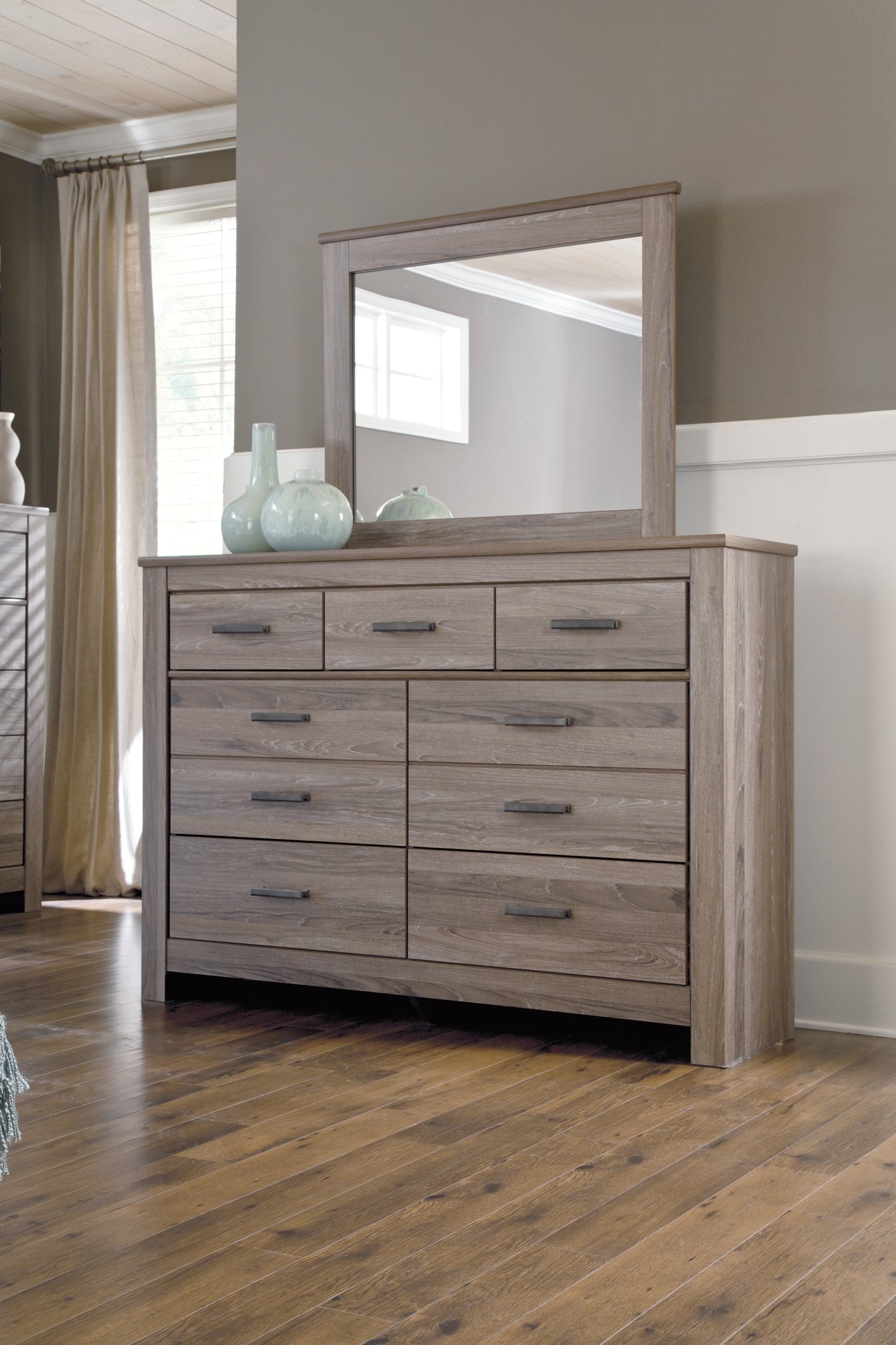 Zelen Queen/Full Panel Headboard with Mirrored Dresser, Chest and 2 Nightstands Rent Wise Rent To Own Jacksonville, Florida