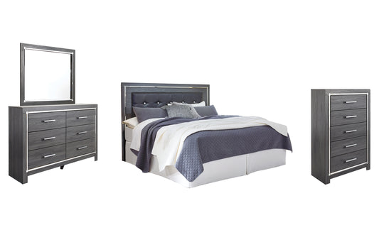 Lodanna /California King Upholstered Panel Headboard Bed With Mirrored Dresser And Chest