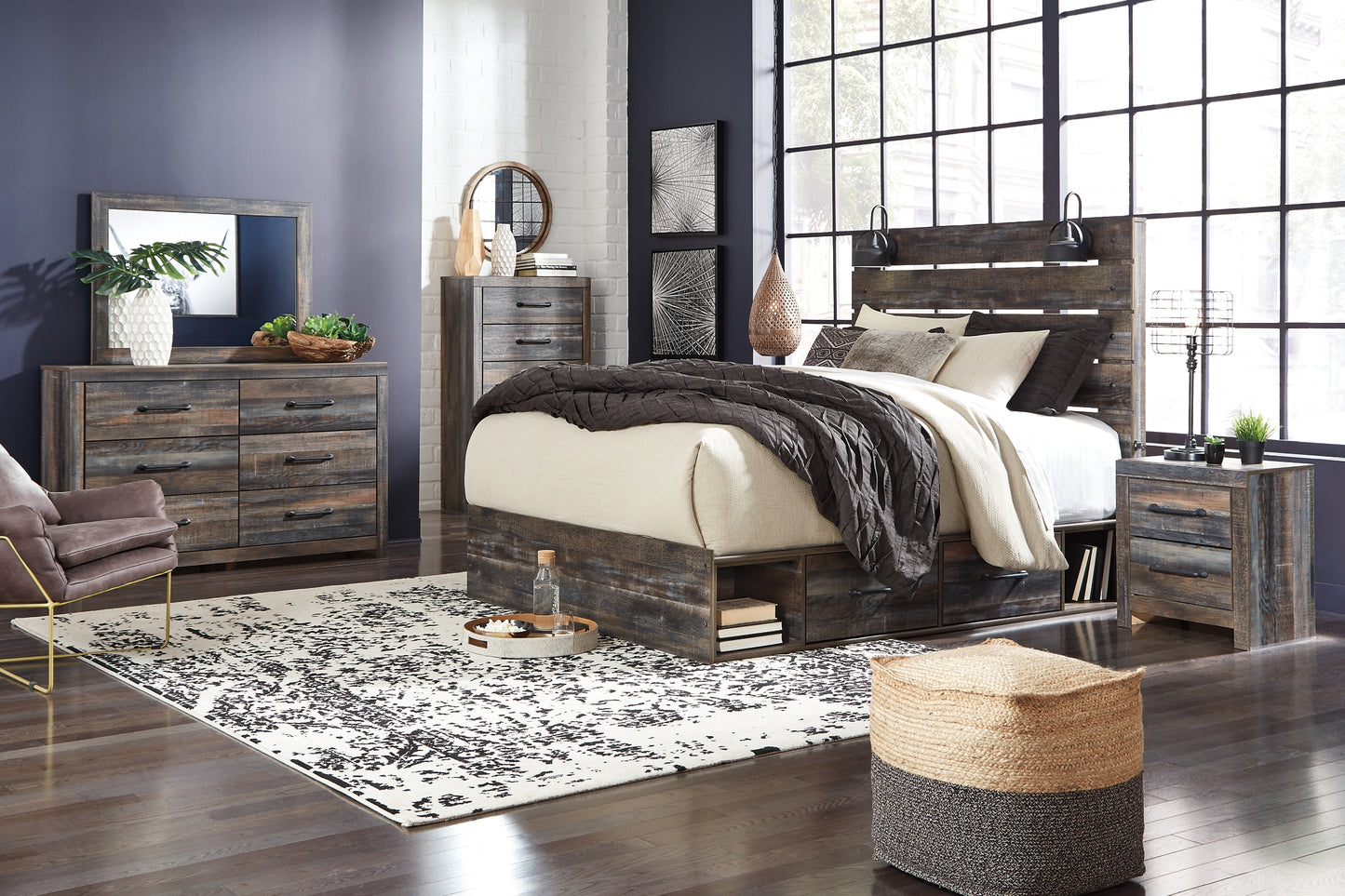 Drystan Panel Bed With 2 Storage Drawers With Mirrored Dresser And Nightstand