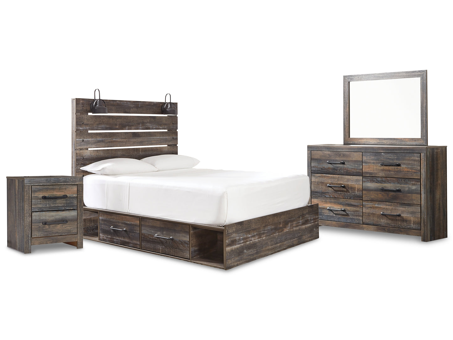 Drystan Panel Bed With 2 Storage Drawers With Mirrored Dresser And Nightstand