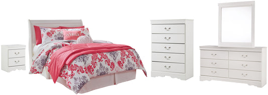 Anarasia Sleigh Headboard Bed With Mirrored Dresser, Chest And Nightstand