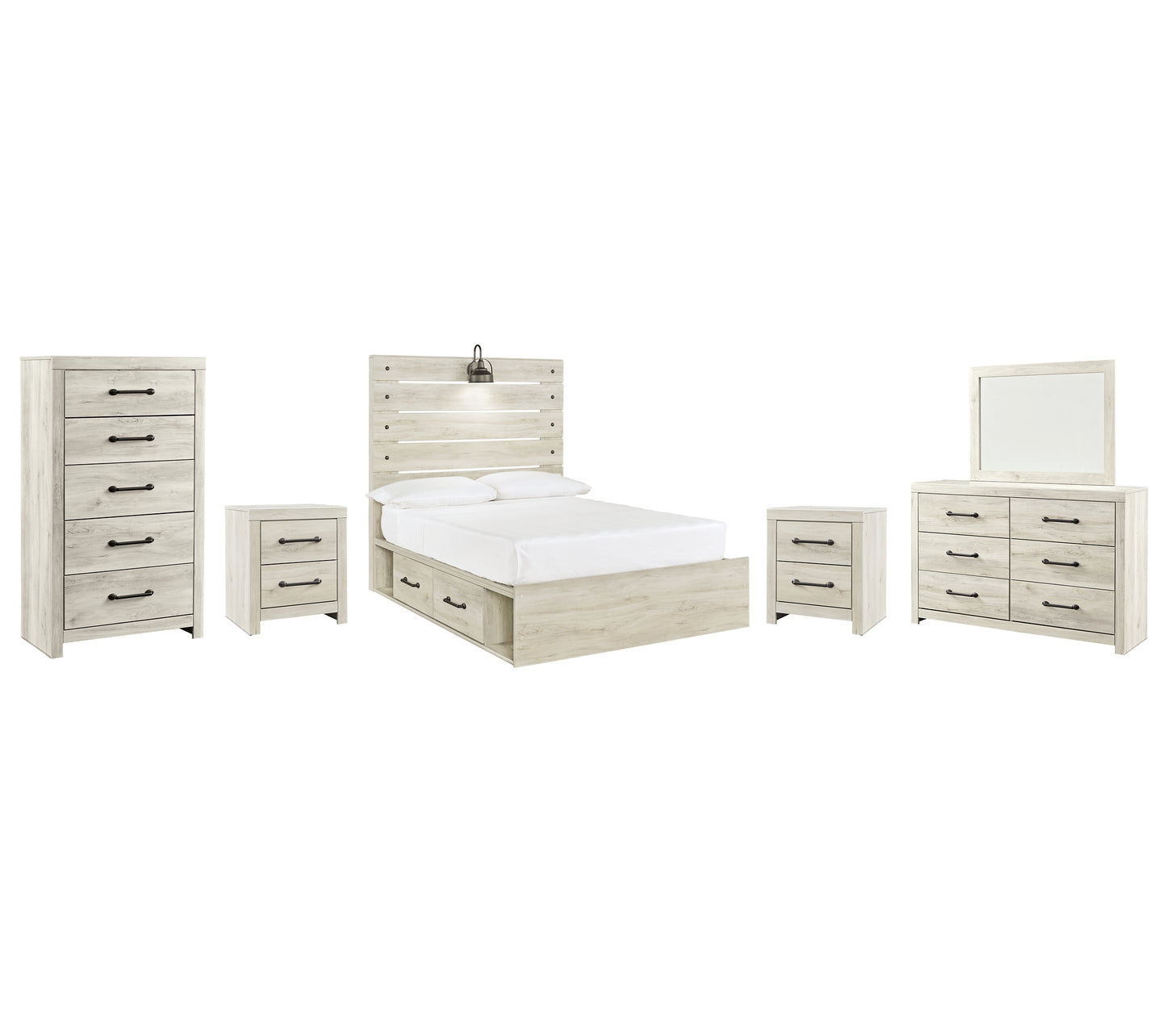 Cambeck Panel Bed With 4 Storage Drawers With Mirrored Dresser, Chest And 2 Nightstands