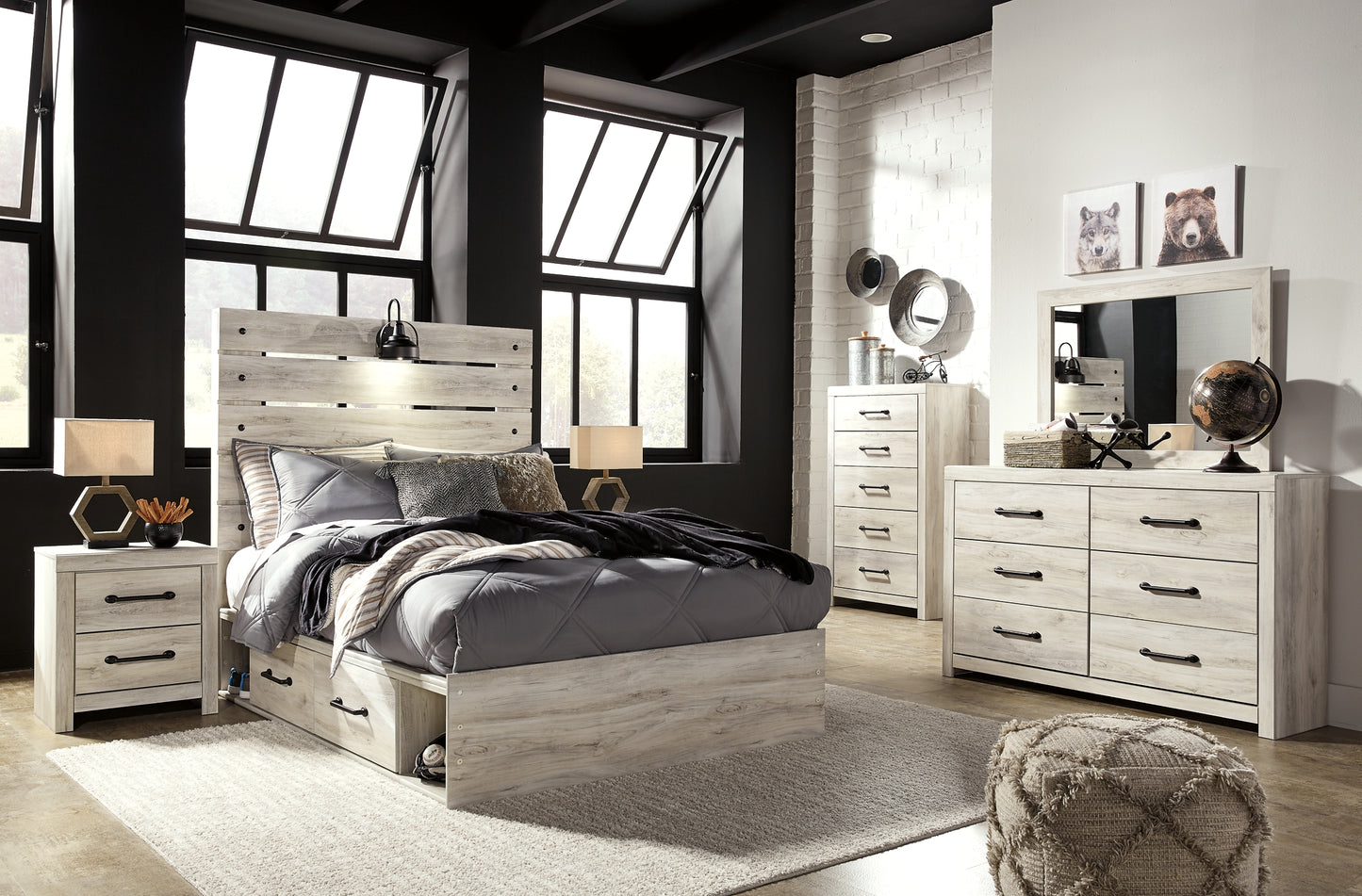 Cambeck Panel Bed With 4 Storage Drawers With Mirrored Dresser, Chest And 2 Nightstands