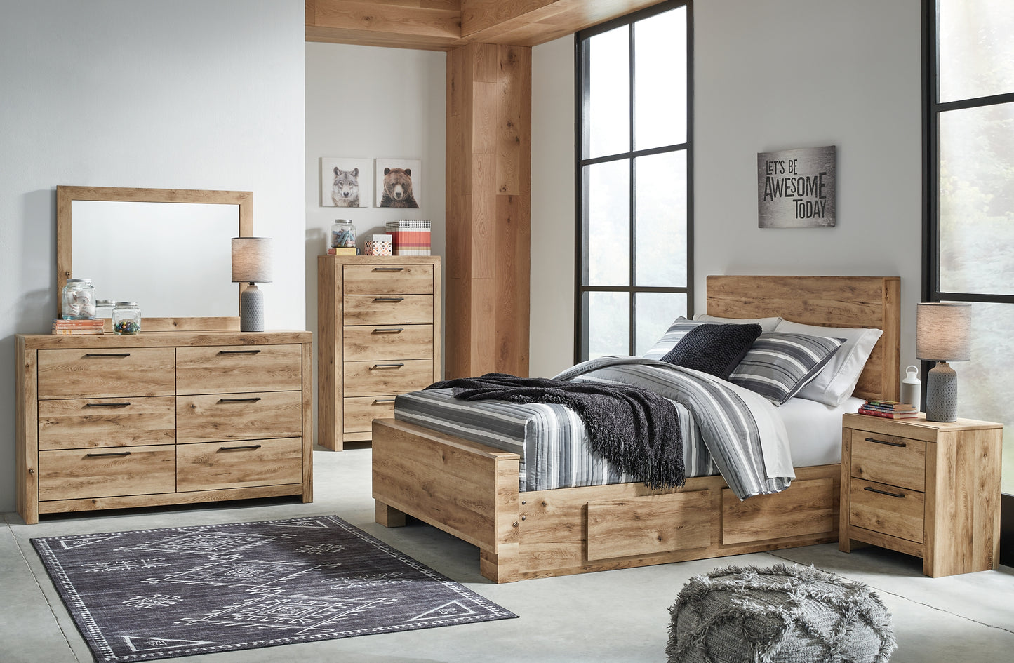 Hyanna Panel Bed With Storage With Mirrored Dresser And Chest
