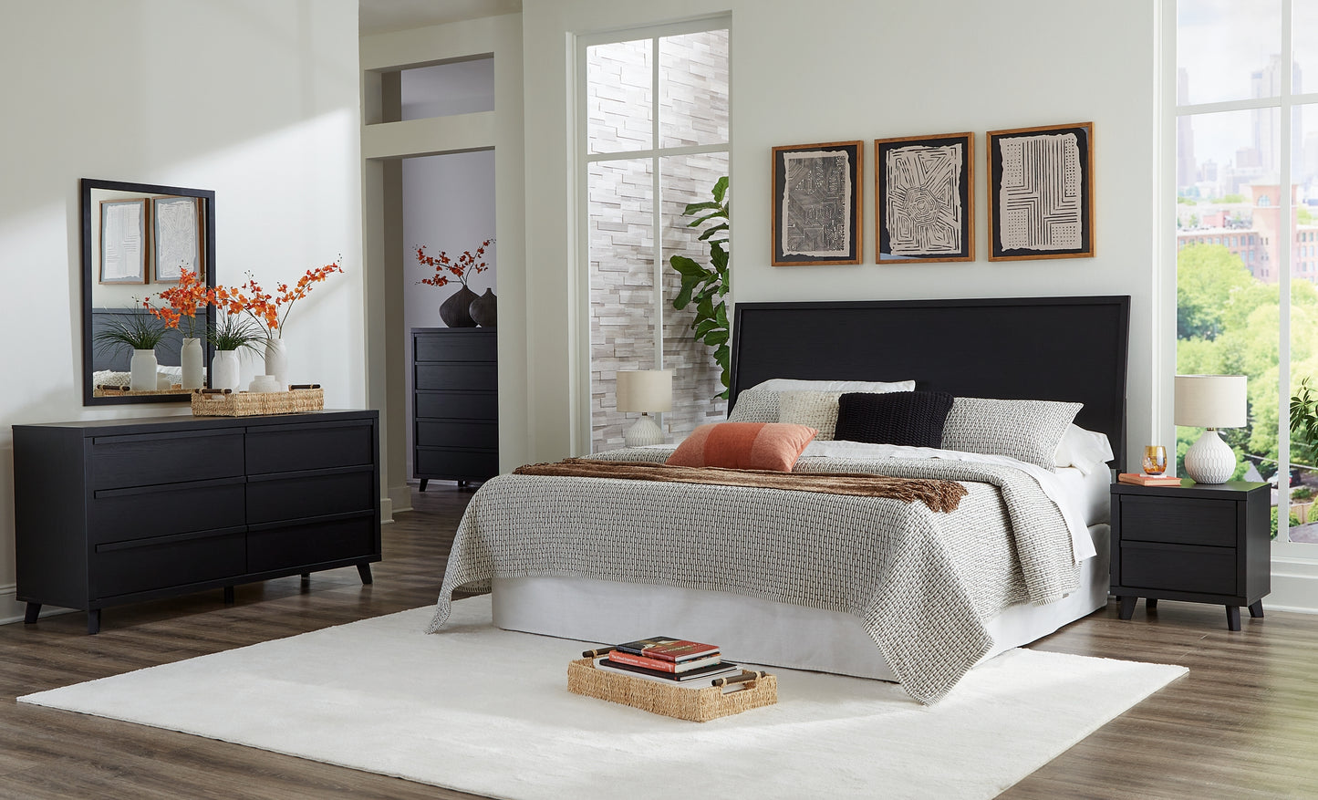 Danziar Panel Headboard With Mirrored Dresser, Chest And 2 Nightstands