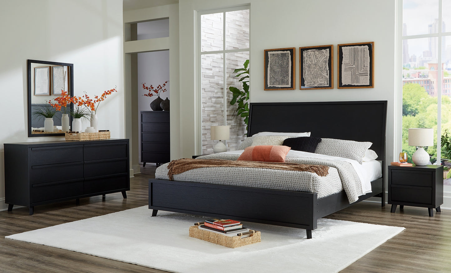 Danziar Panel Bed With Mirrored Dresser, Chest And 2 Nightstands
