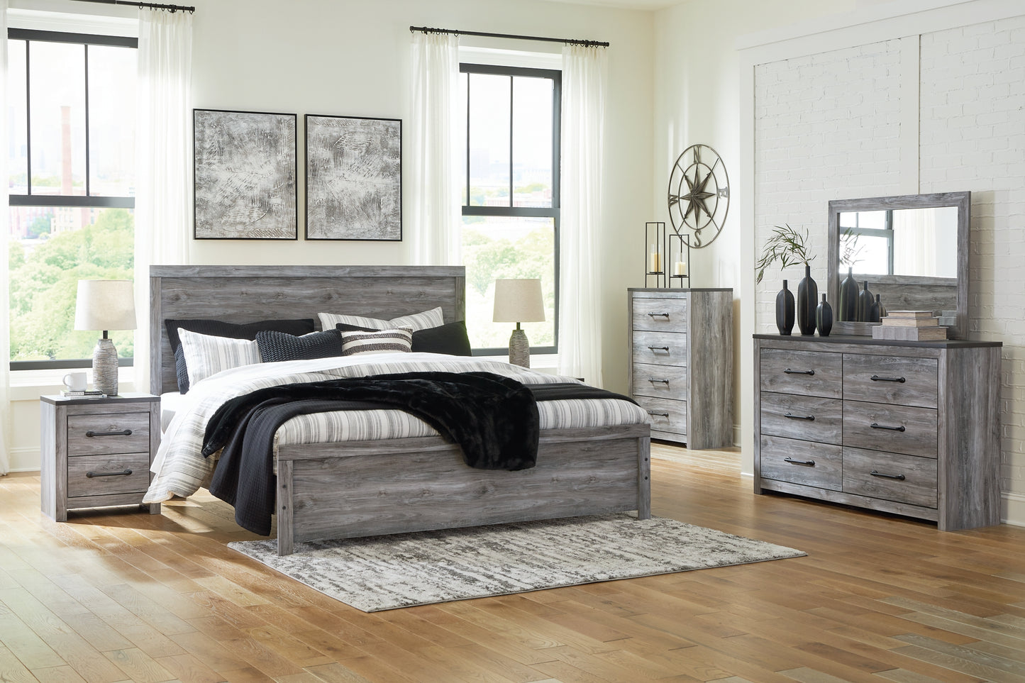 Bronyan Panel Bed With Mirrored Dresser And Nightstand