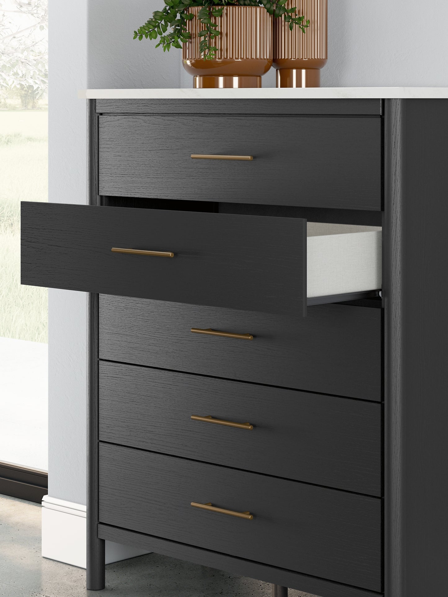 Cadmori Upholstered Panel Bed With Mirrored Dresser, Chest And Nightstand