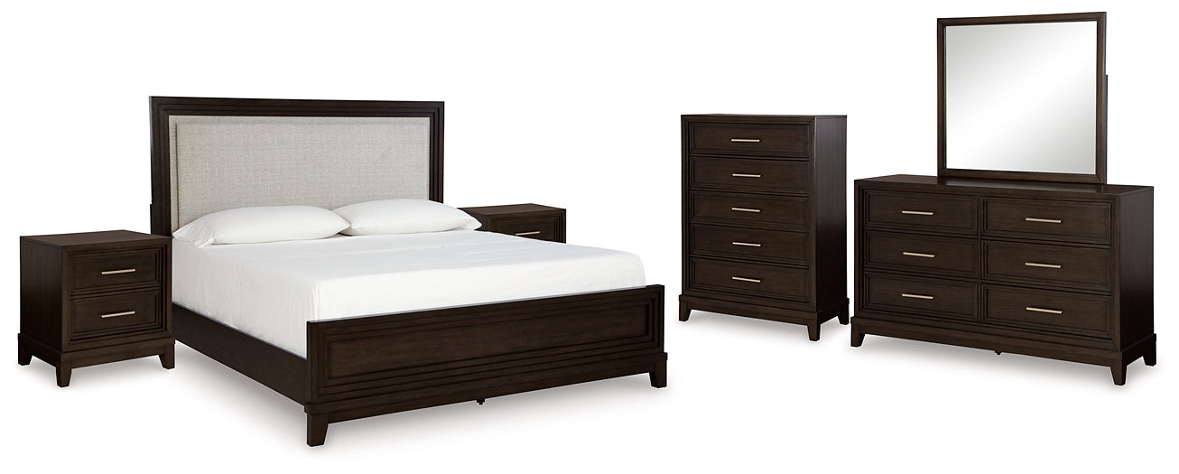 Neymorton Upholstered Panel Bed With Mirrored Dresser, Chest And 2 Nightstands