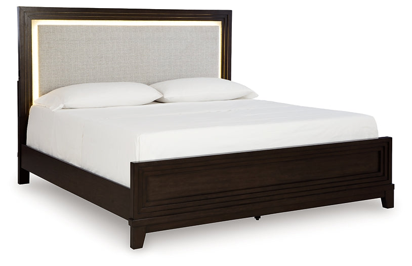 Neymorton Upholstered Panel Bed With Mirrored Dresser, Chest And 2 Nightstands