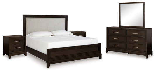 Neymorton California  Upholstered Panel Bed With Mirrored Dresser And 2 Nightstands