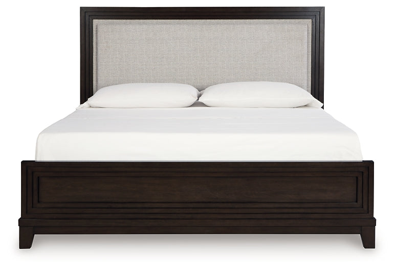 Neymorton Upholstered Panel Bed With Mirrored Dresser, Chest And 2 Nightstands