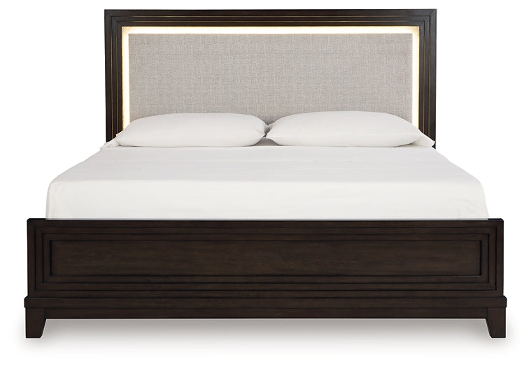 Neymorton Upholstered Panel Bed With Mirrored Dresser, Chest And 2 Nightstands