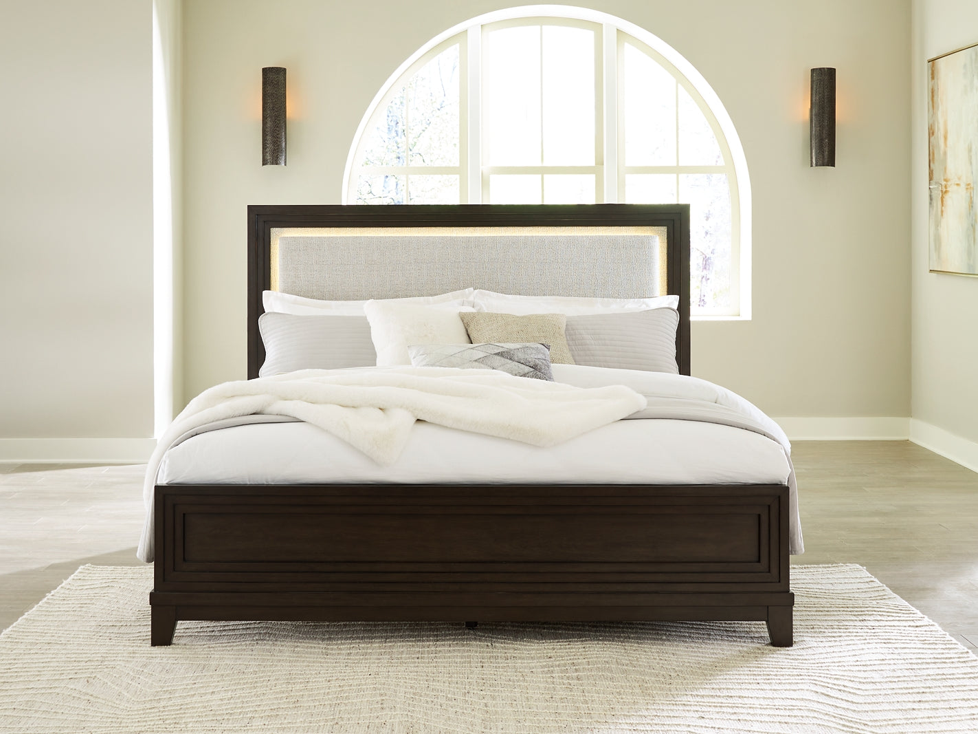 Neymorton Upholstered Panel Bed With Mirrored Dresser And Chest