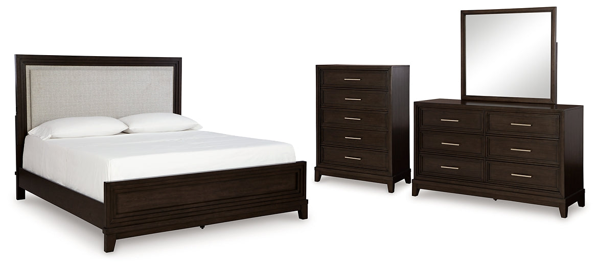 Neymorton Upholstered Panel Bed With Mirrored Dresser And Chest