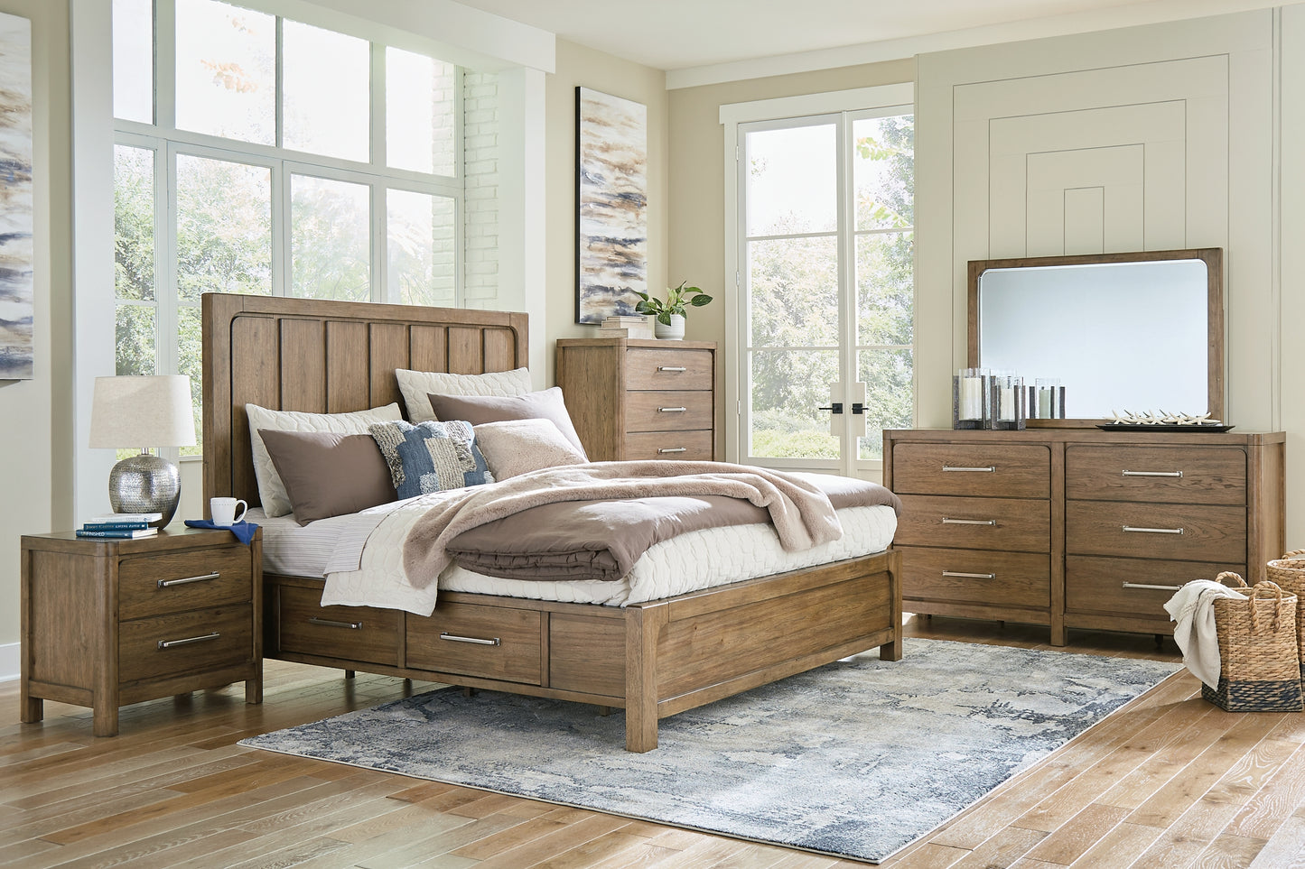 Cabalynn California Panel Bed With Storage With Mirrored Dresser