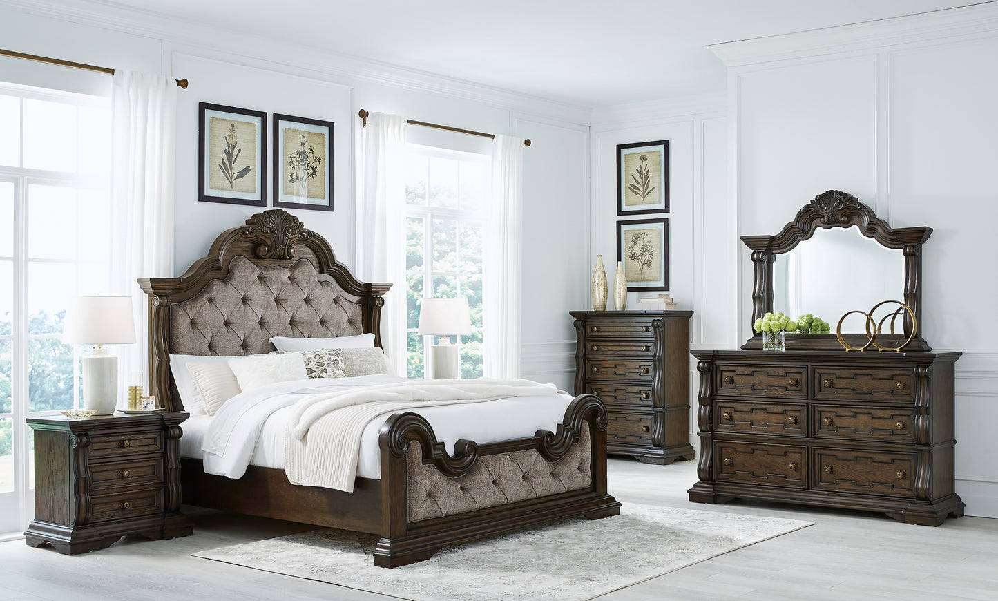 Maylee California Upholstered Bed With Mirrored Dresser And Nightstand