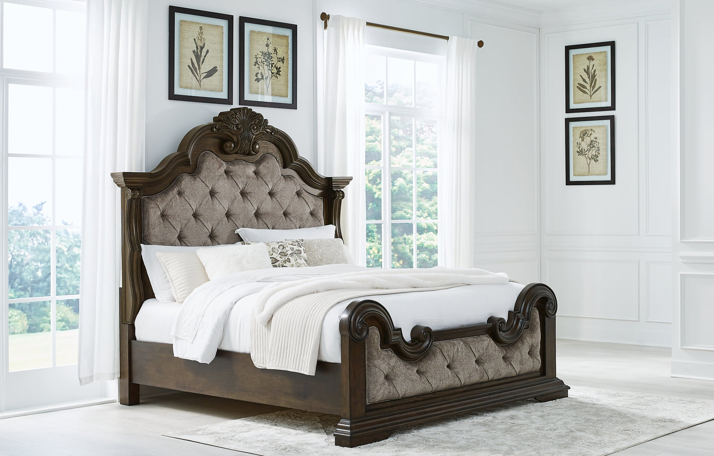 Maylee California Upholstered Bed With Mirrored Dresser And Nightstand