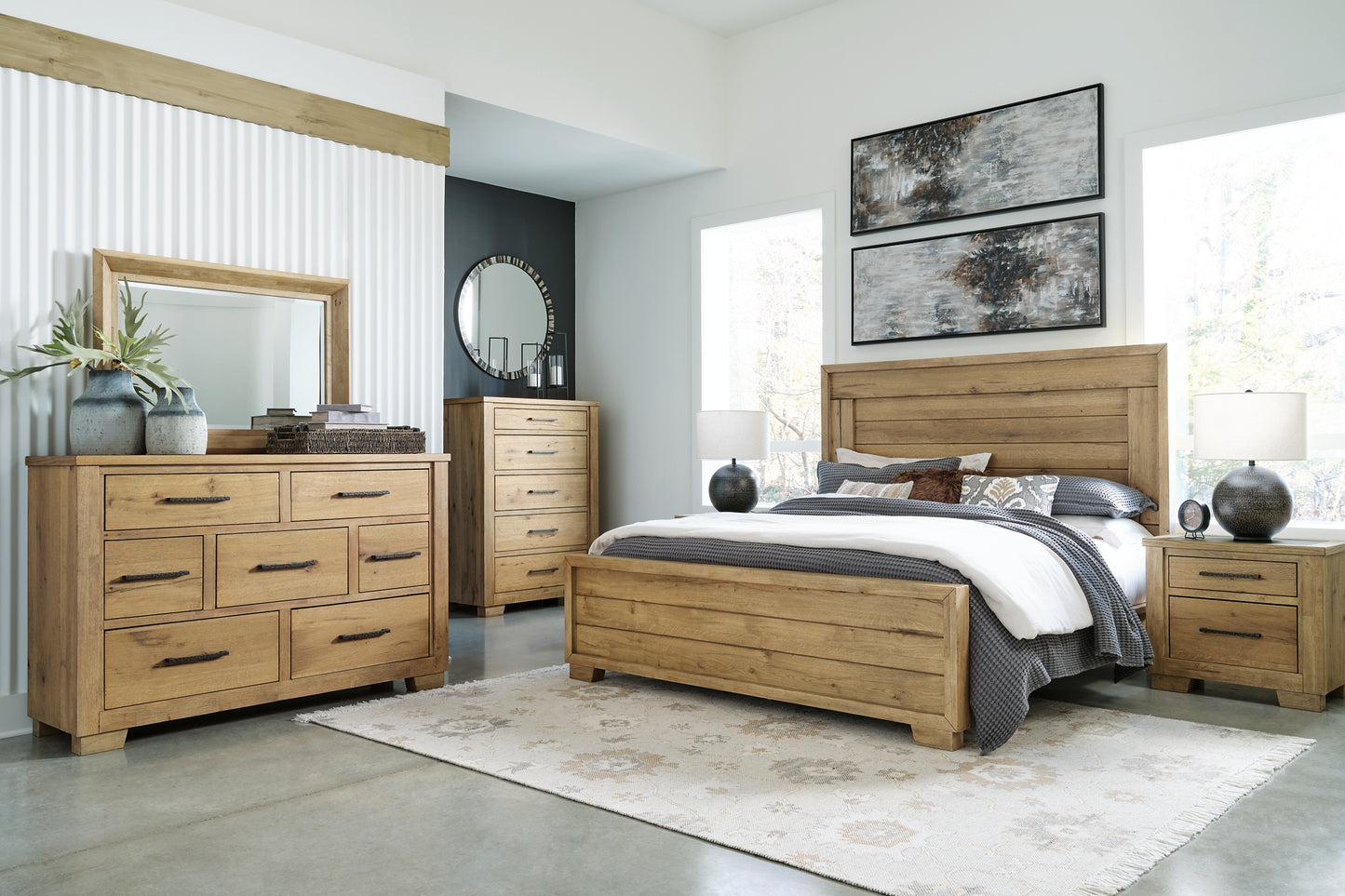 Galliden California Panel Bed With Mirrored Dresser, Chest And 2 Nightstands