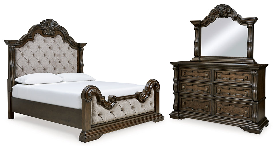 Maylee California Upholstered Bed With Mirrored Dresser
