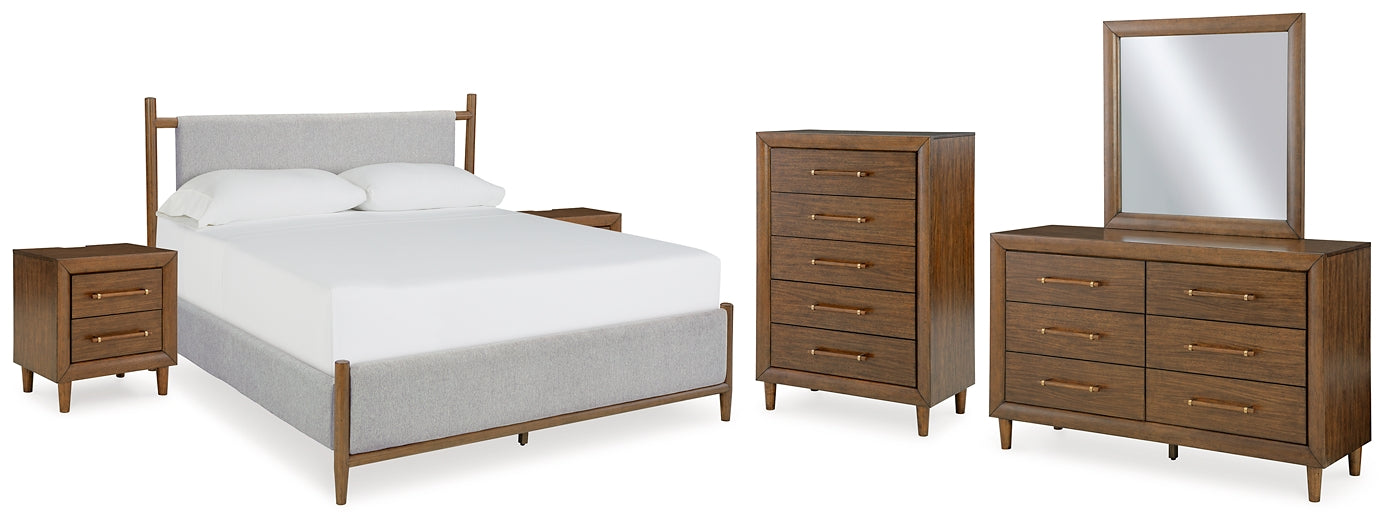 Lyncott California Upholstered Bed With Mirrored Dresser, Chest And 2 Nightstands