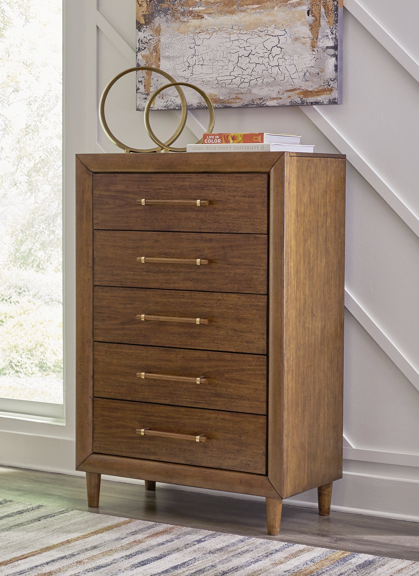 Lyncott California Upholstered Bed With Mirrored Dresser, Chest And 2 Nightstands