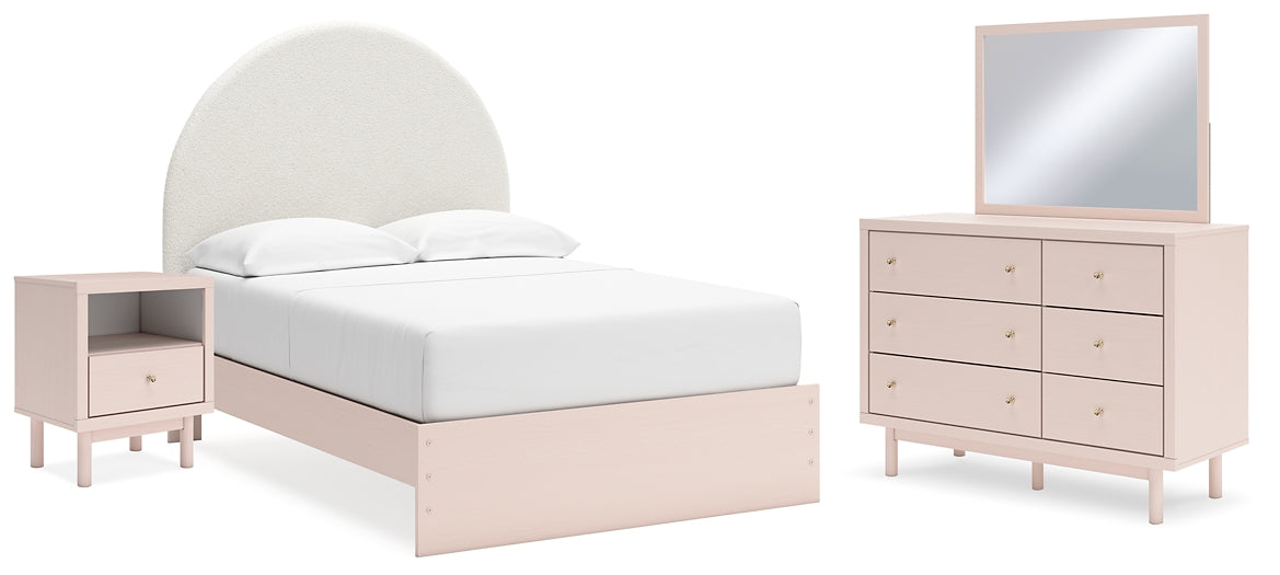 Wistenpine Upholstered Panel Bed With Mirrored Dresser And Nightstand