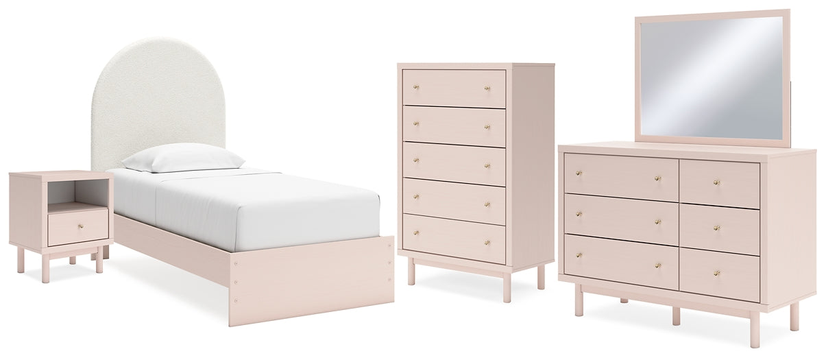 Wistenpine Upholstered Panel Bed With Mirrored Dresser, Chest And Nightstand