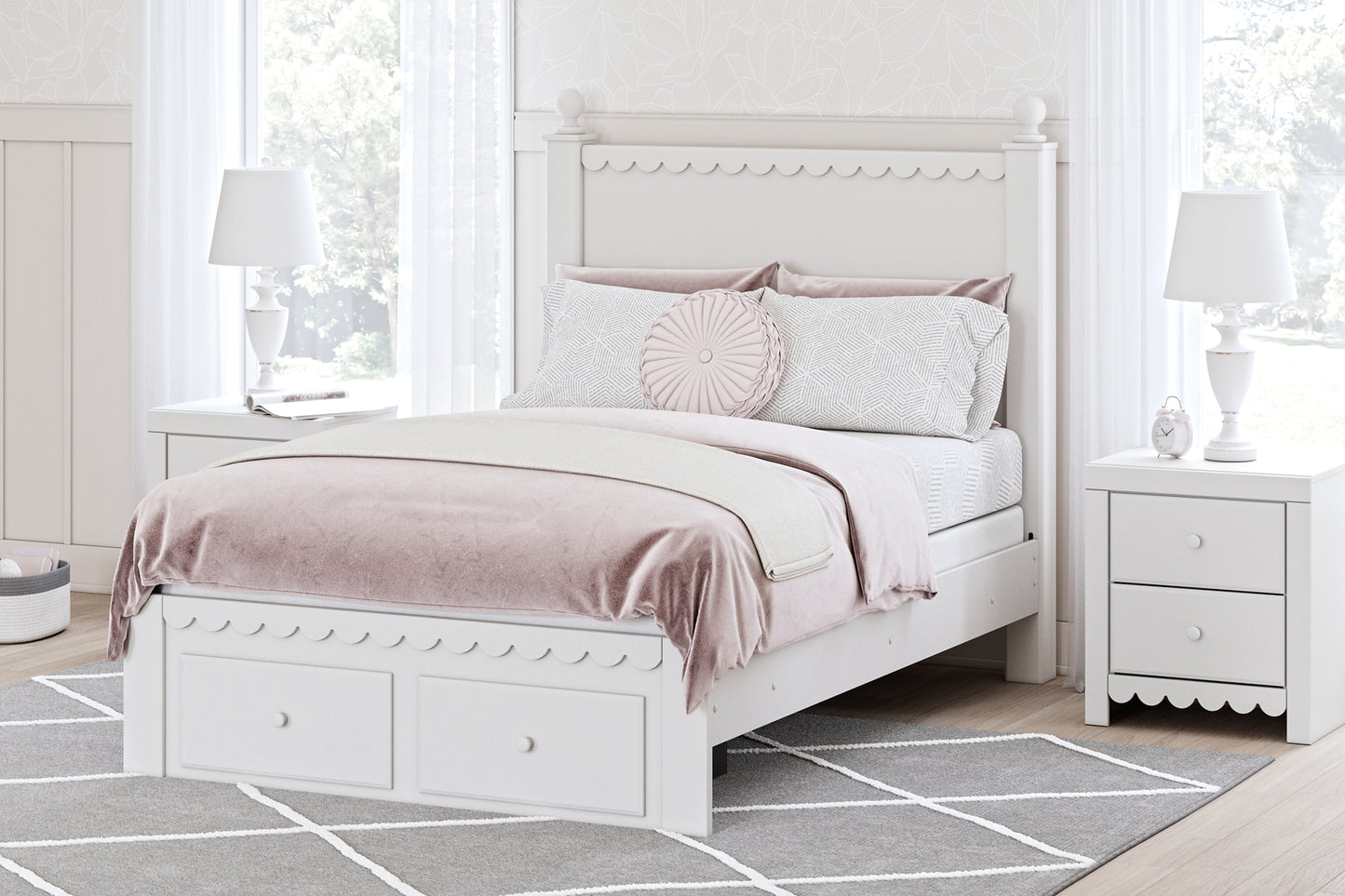 Mollviney Panel Storage Bed With Mirrored Dresser, Chest And 2 Nightstands