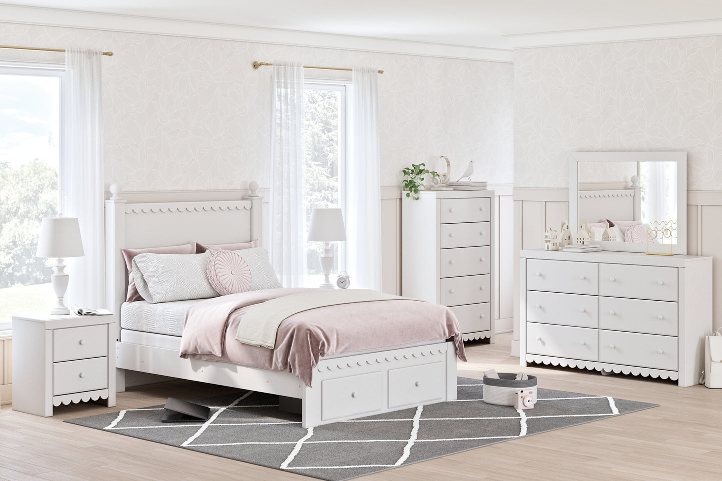 Mollviney Panel Storage Bed With Mirrored Dresser, Chest And 2 Nightstands