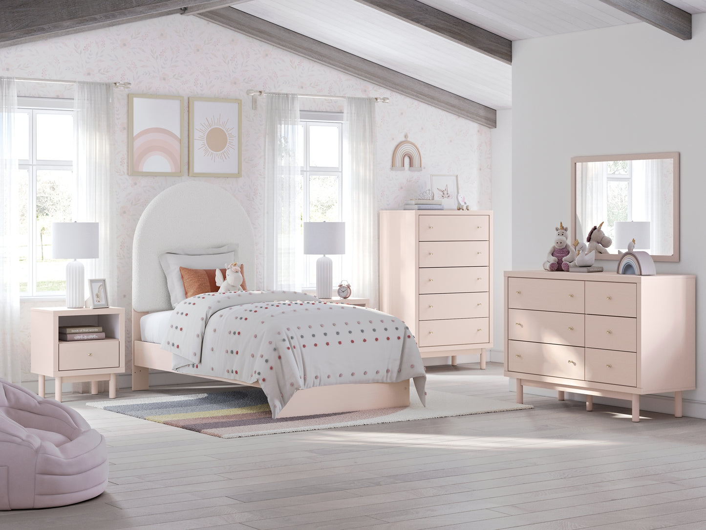 Wistenpine Upholstered Panel Bed With Mirrored Dresser, Chest And 2 Nightstands