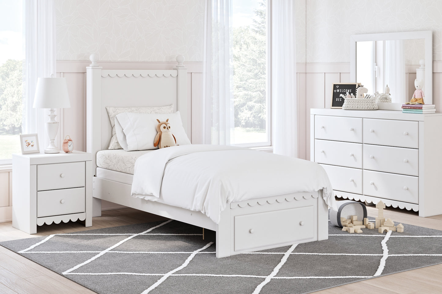 Mollviney Panel Storage Bed With Mirrored Dresser, Chest And 2 Nightstands