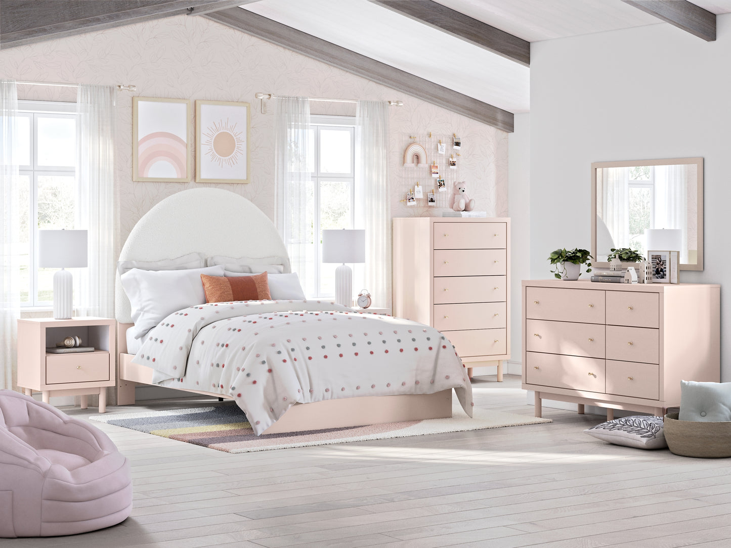 Wistenpine Upholstered Panel Bed With Mirrored Dresser And Chest
