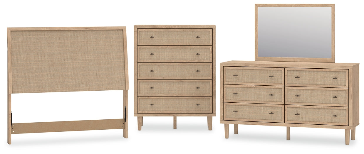 Cielden Upholstered Panel Bed With Mirrored Dresser And Chest