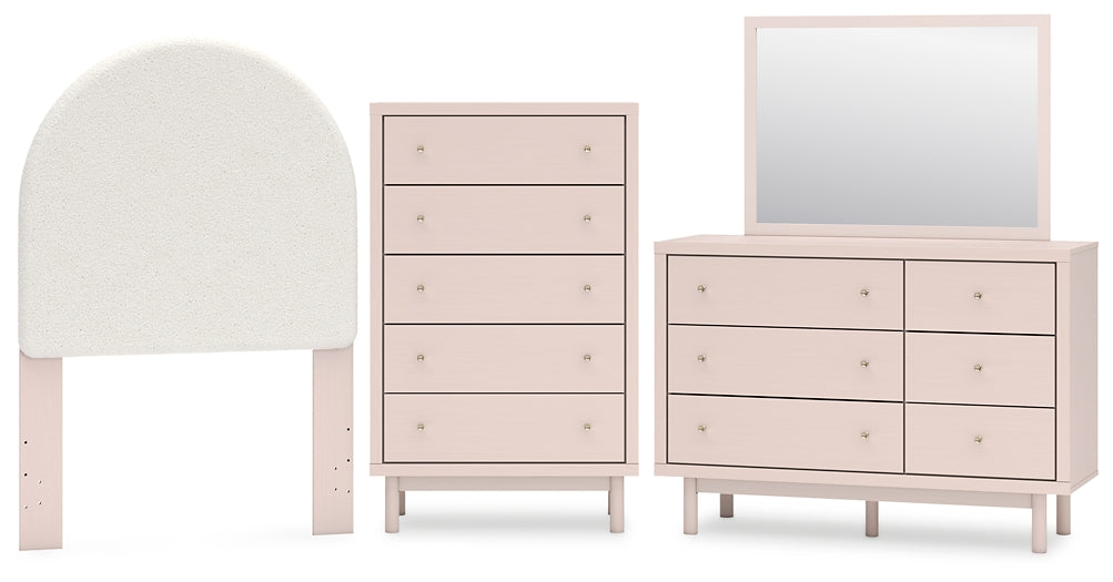 Wistenpine Upholstered Panel Headboard With Mirrored Dresser And Chest
