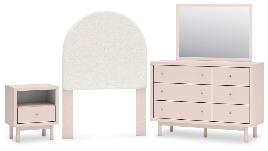 Wistenpine Upholstered Panel Headboard With Mirrored Dresser And Nightstand