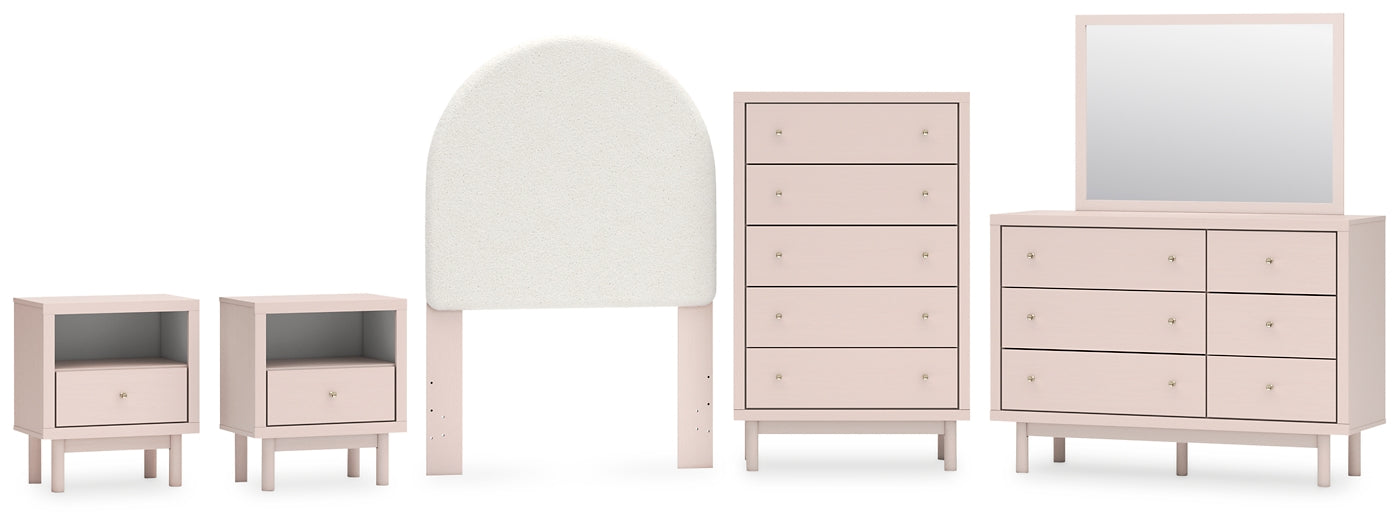 Wistenpine Upholstered Panel Headboard With Mirrored Dresser, Chest And 2 Nightstands