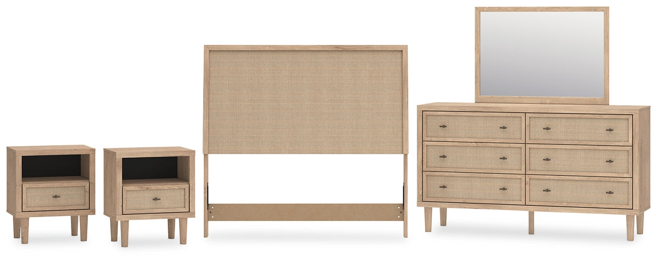 Cielden Upholstered Panel Bed With Mirrored Dresser And 2 Nightstands