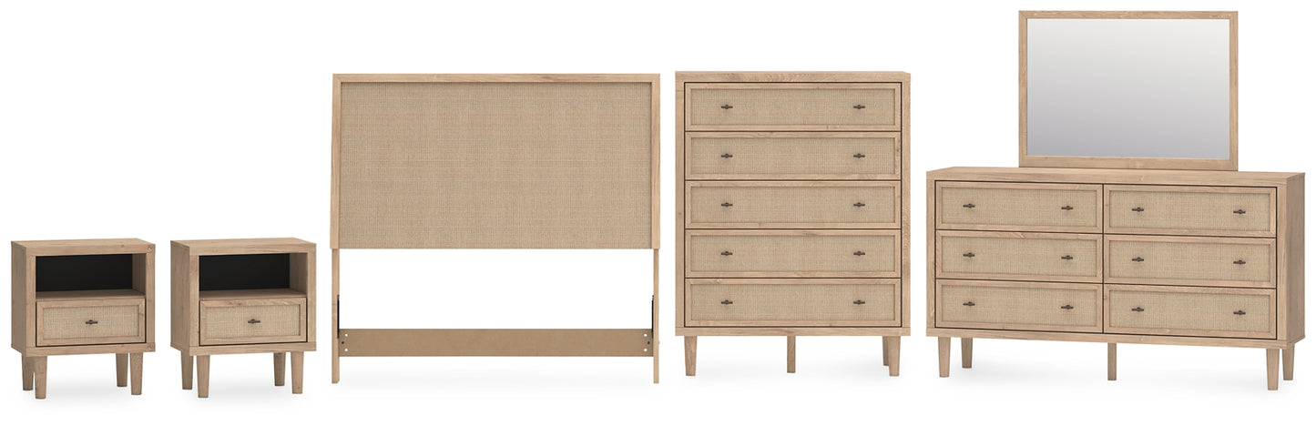 Cielden Upholstered Panel Bed With Mirrored Dresser, Chest And 2 Nightstands