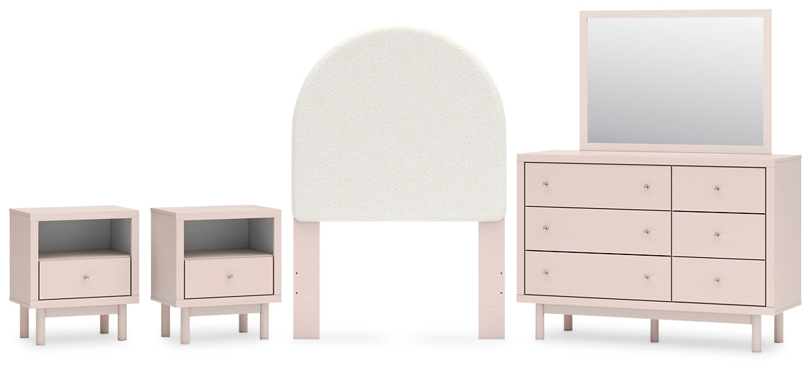 Wistenpine Upholstered Panel Headboard With Mirrored Dresser And 2 Nightstands