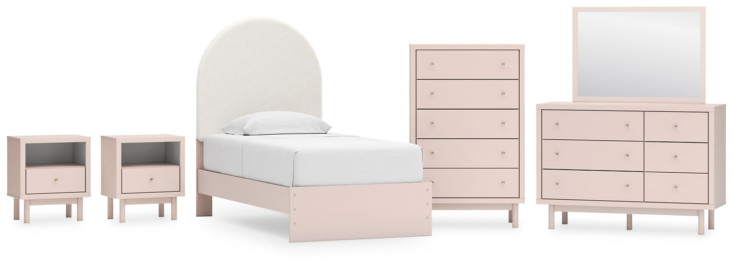 Wistenpine Upholstered Panel Bed With Mirrored Dresser, Chest And 2 Nightstands