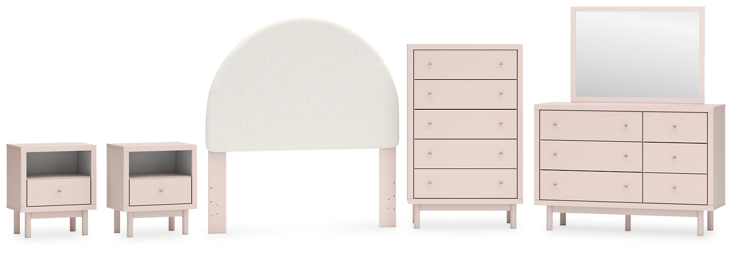 Wistenpine Upholstered Panel Headboard With Mirrored Dresser, Chest And 2 Nightstands