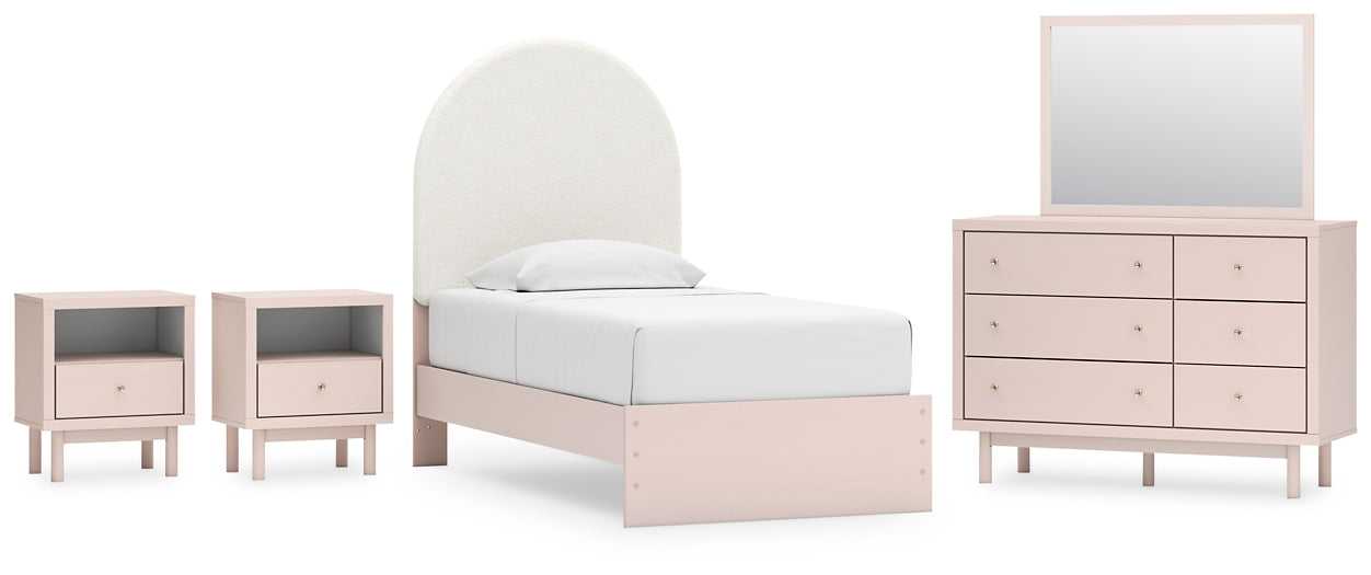 Wistenpine Upholstered Panel Bed With Mirrored Dresser And 2 Nightstands