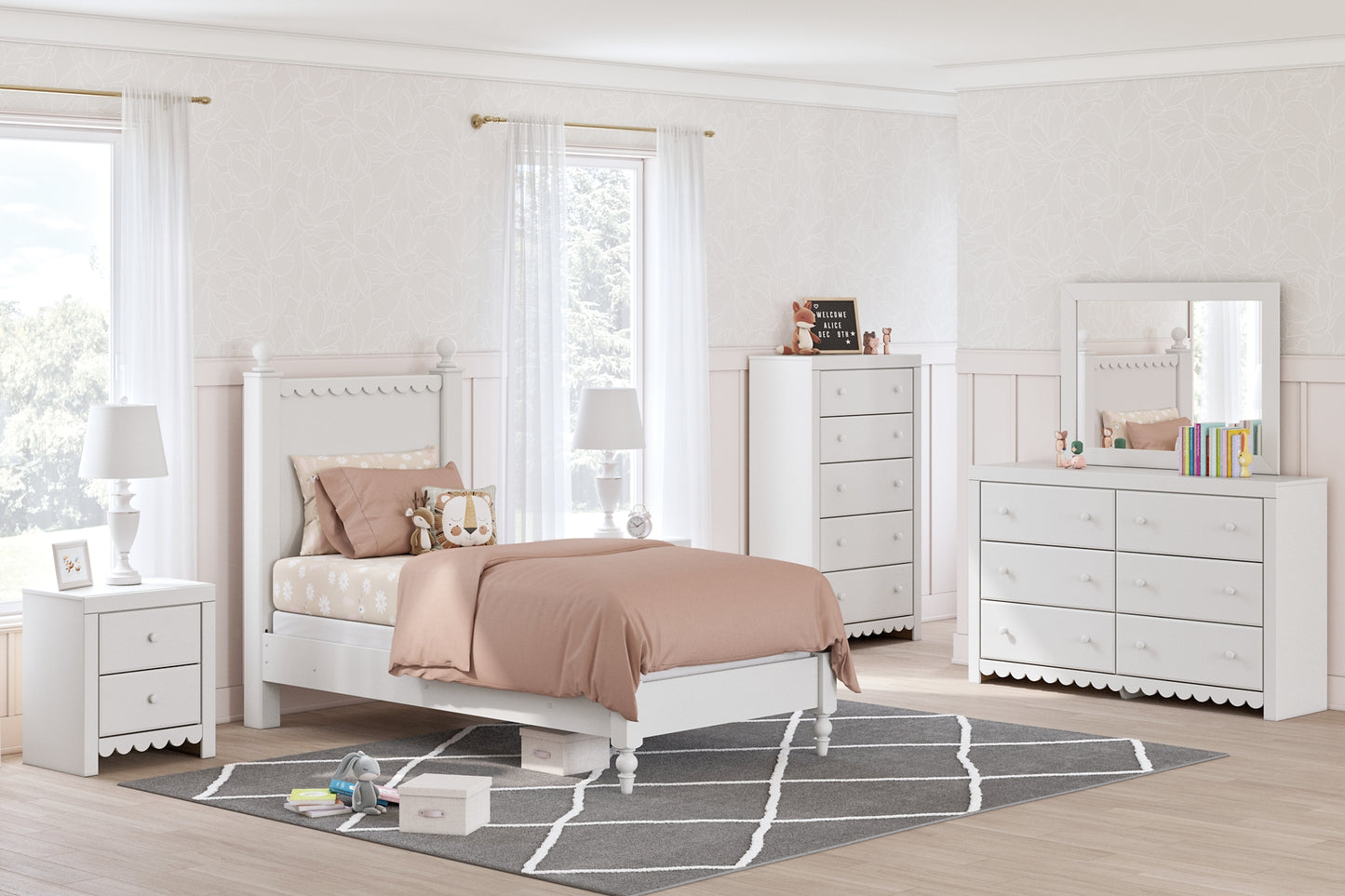 Mollviney Panel Storage Bed With Mirrored Dresser, Chest And Nightstand