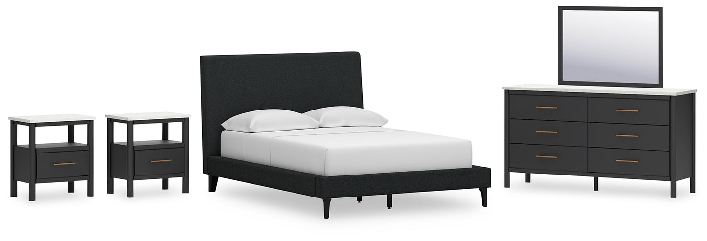 Cadmori Upholstered Bed With Mirrored Dresser And 2 Nightstands