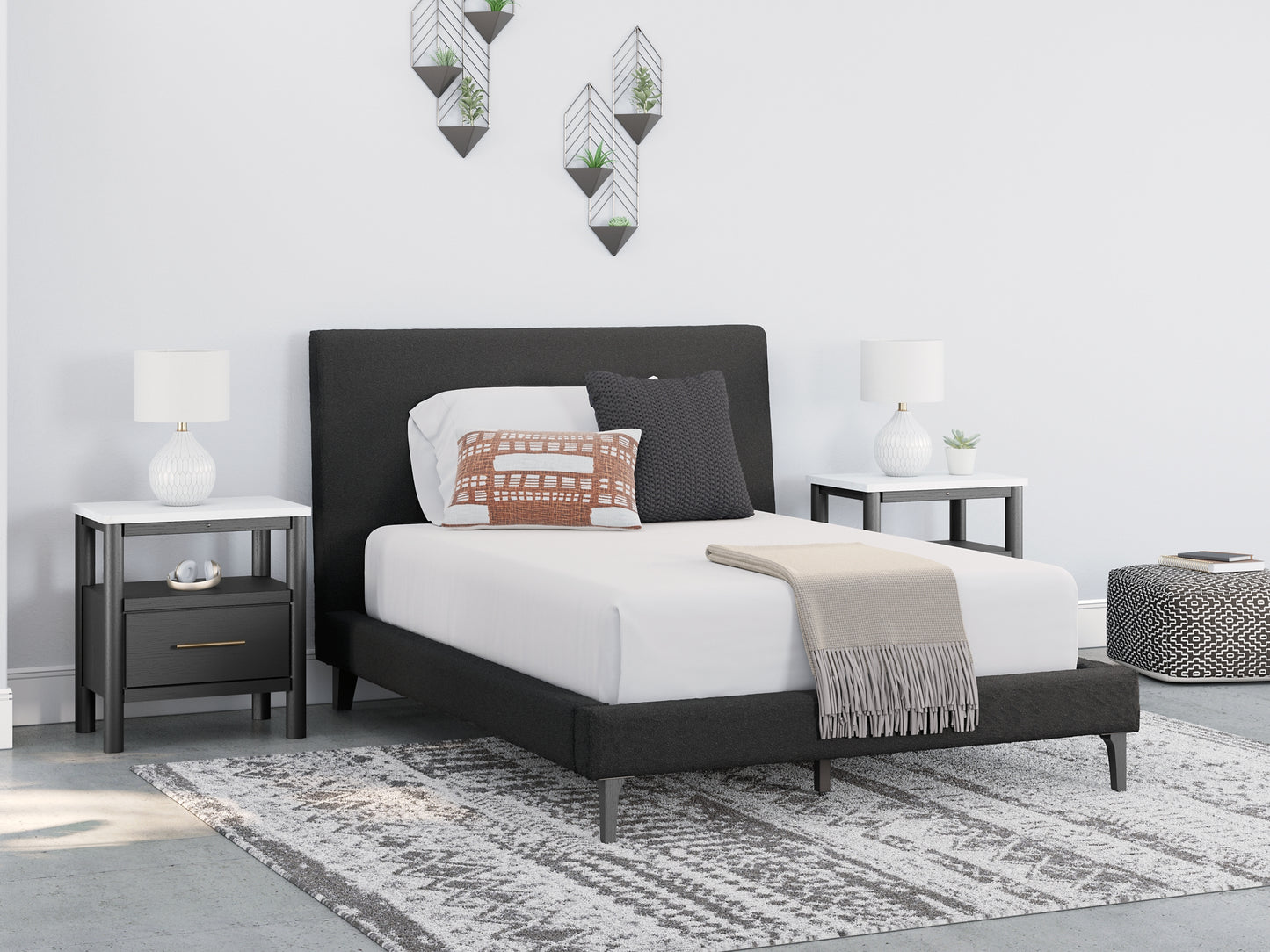 Cadmori Upholstered Bed With Mirrored Dresser And 2 Nightstands
