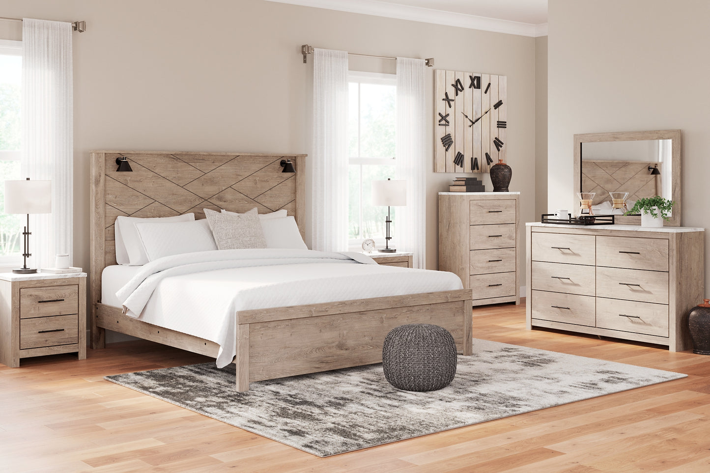 Senniberg Panel Bed With Mirrored Dresser And Chest