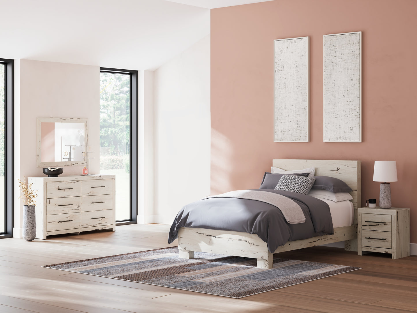 Panel Bed With Mirrored Dresser And Nightstand
