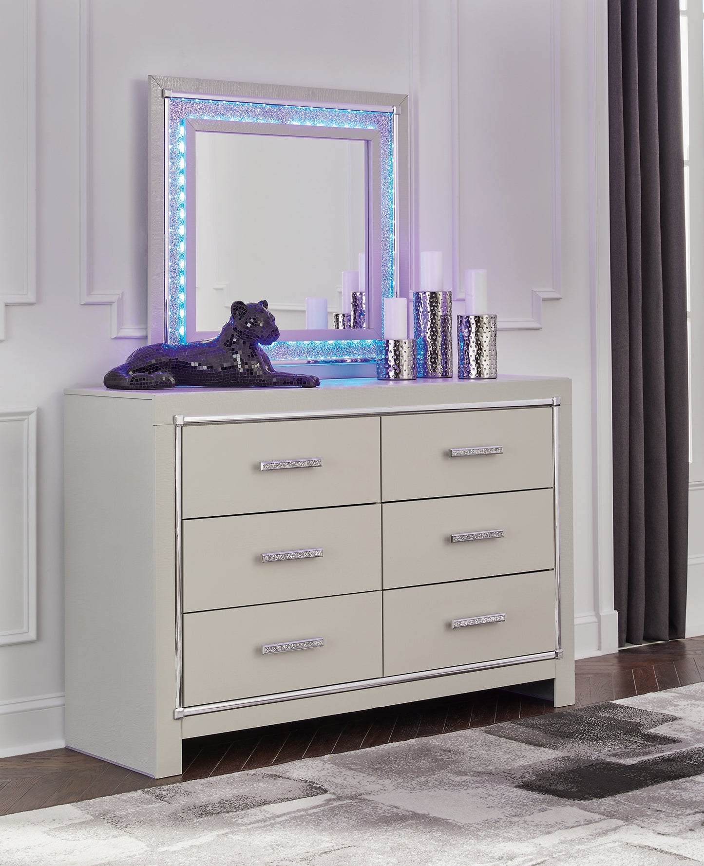 Zyniden Upholstered Panel Headboard With Mirrored Dresser And Chest