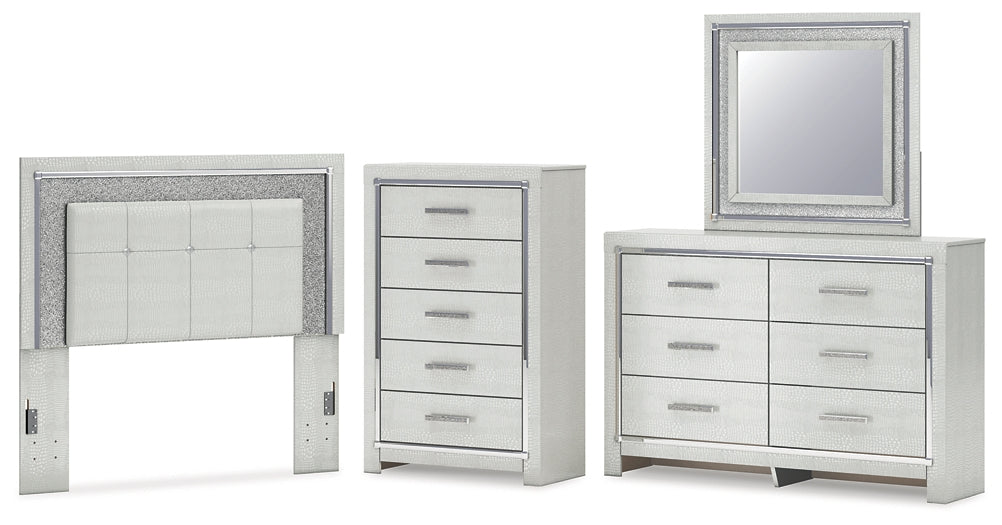 Zyniden Upholstered Panel Headboard With Mirrored Dresser And Chest